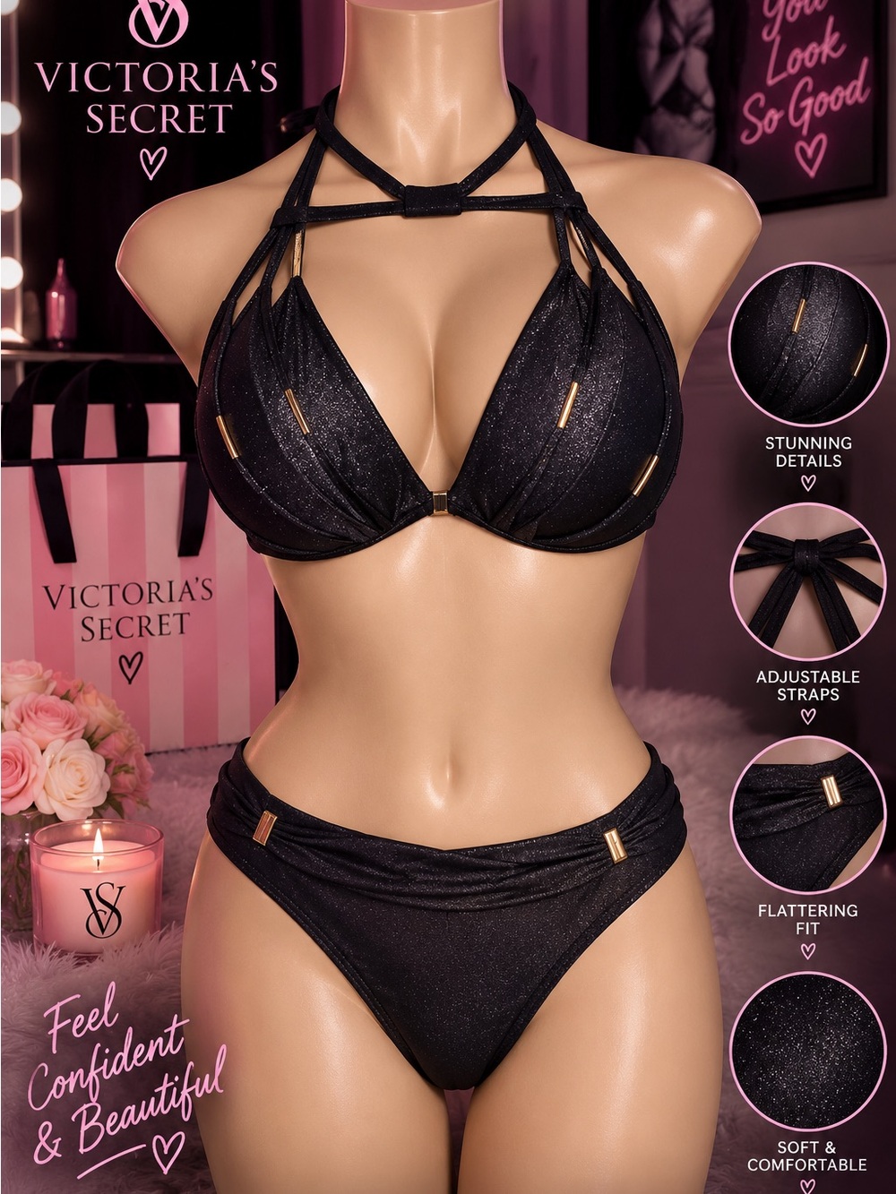 Victoria's Secret Black Glitter Strappy Bikini Set